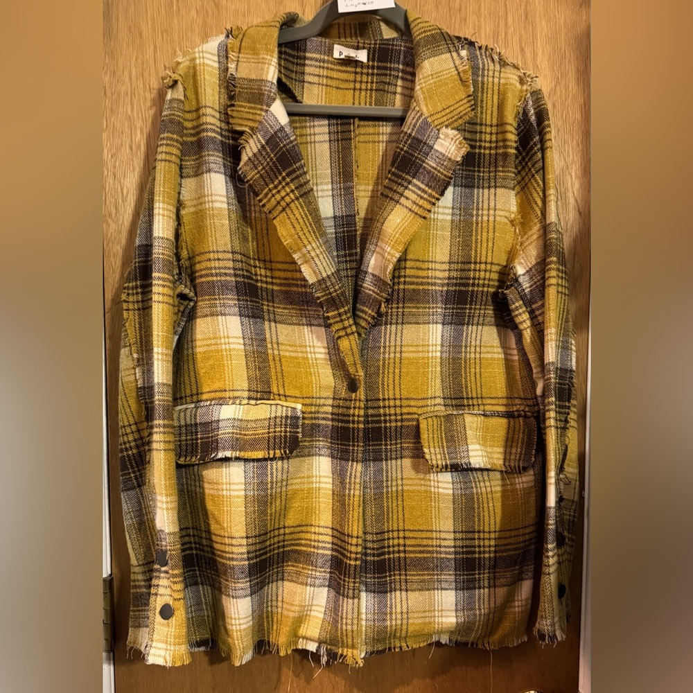 POL Yellow Plaid Frayed Seamed Jacket, Size S